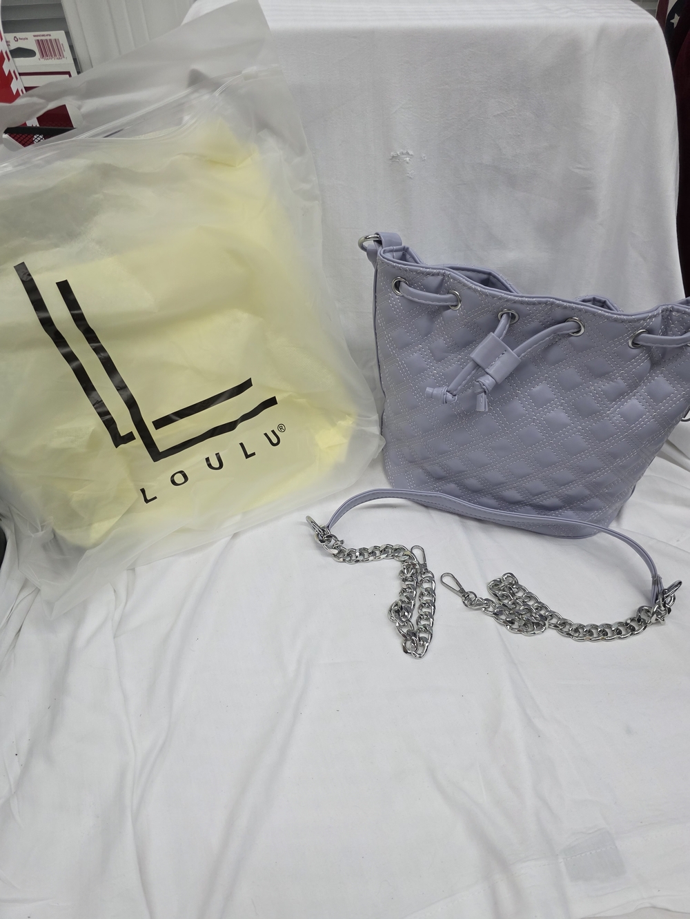 LOULU Lavender Quilted Drawstring Bucket Bag with Silver Chain